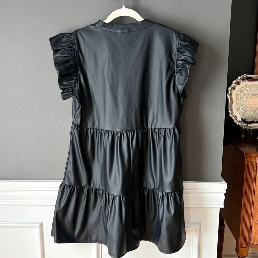 Entro Black Faux Leather Tiered Ruffle Sleeve V-neck Mini Dress Size Medium - Picture 8 of 10